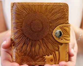 Personalized Sunflower Unique Leather Wallet Floral Wallet Moneyholder Slim Wallet Women Embossed Pattern Flower Custom