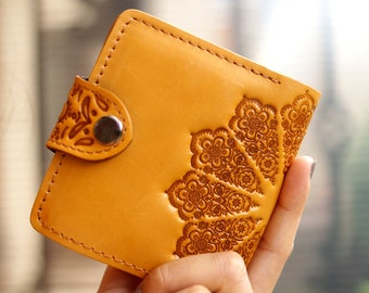 Personalized Embossed Pattern Wallet Sun Real Leather Womens Bifold Oriental Pattern Gift for Traveler Slim Women Handmade Inside Insert