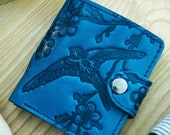 Blue Leather Wallet Slim Womens Wallet Womans Bifold Leather Anniversary Gift Embossed Pattern Handmade Wallet Bird Swallow