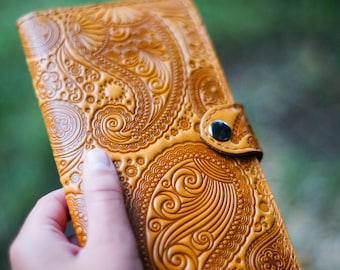 Personalized Unique Leather Wallet for Women Long Embossed Pattern Paisley Anniversary Gift Handmade Custom Exclusive