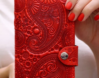 Personnalisé Unique rouge Paisley portefeuille en cuir à deux volets longs faits à la main femmes motif en relief personnalisé grande carte de crédit mince