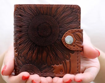 Personalized Unique Sunflower Leather Wallet Womens Bifold Slim Brown Wallet Embossed Pattern Floral Flower Custom Credit Card Holder