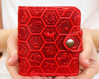 Portefeuille en cuir véritable personnalisé porte-monnaie à deux volets rouge femmes motif en relief abeilles nid d'abeille 30e anniversaire cadeau poche avant à l'intérieur de l'insert