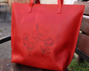 Personalized Tote, Red Tote, Tote Bag with Zipper, Tote Bag Aesthetic, Flower Tote Bag, Tote Bag Pattern, Birthday Gift for Her, Boho Bag