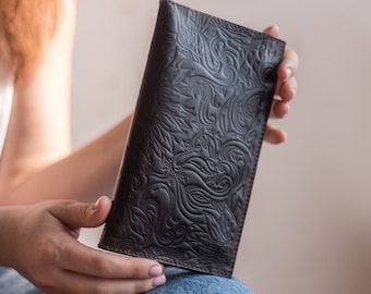 Personalized Unique Dark Brown Flower Sunflower Vintage Boho Long Leather Wallet Credit Card Holder Women Gift Coin Pocket Embossed Pattern