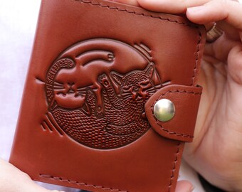 Personalized Brown Leather Wallet Yin and Yang Cute Cats Leather Bifold Long Wallet Pets Pattern Long Embossed Wallet Handmade Animals