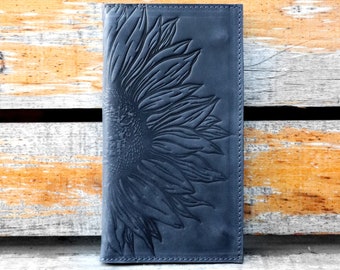 Personalized Leather Wallet Women, Sunflower Wallet, Full Grain Leather Wallet, Blue Leather Wallet, Engraved Cute Wallet, Gift for Her