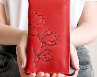 Personalized Leather Wallet Women, Orchids Embossed, Cash Envelope Wallet, Engraved Wallet, 21st Birthday Gift for Her, Flower Wallet