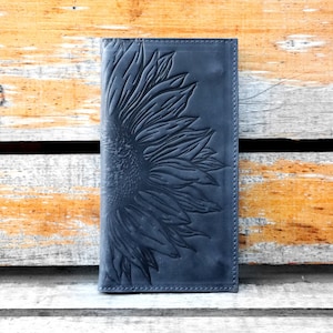 Cartera de cuero personalizada para mujer, cartera con diseño de girasol, cartera de cuero de grano completo, cartera de cuero azul, cartera bonita grabada, regalo para ella