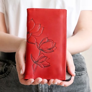 Personalisierte Leder Brieftasche Frauen, Orchideen Geprägt, Bargeld Umschlag Brieftasche, Brieftasche graviert, Geburtstagsgeschenk für Sie, Blumen Brieftasche