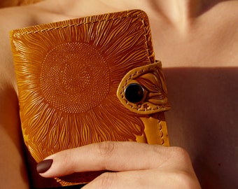 Personalized Long Wallet Women Slim Wallet Women Sunflower Wallet Big Wallet Coin Pocket Wallet Embossed Pattern Handmade