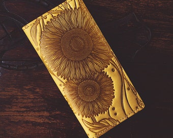 Portefeuille en cuir personnalisé avec Sunflower Emboss Camel Color Sunflower fabriqué à la main Natural Pattern Yellow Holder pour les cartes de crédit d’argent