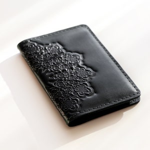 Gepersonaliseerde Leer Zwart Slanke Multi Creditcard Visitekaartje ID-kaarthouder Portemonnee Dames Heren Boho Oosterse mandalapatroon
