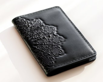 Personalized Leather Black Slim Multi Credit Card Business Card ID Card holder Wallet Women Men Boho Oriental Mandala Pattern