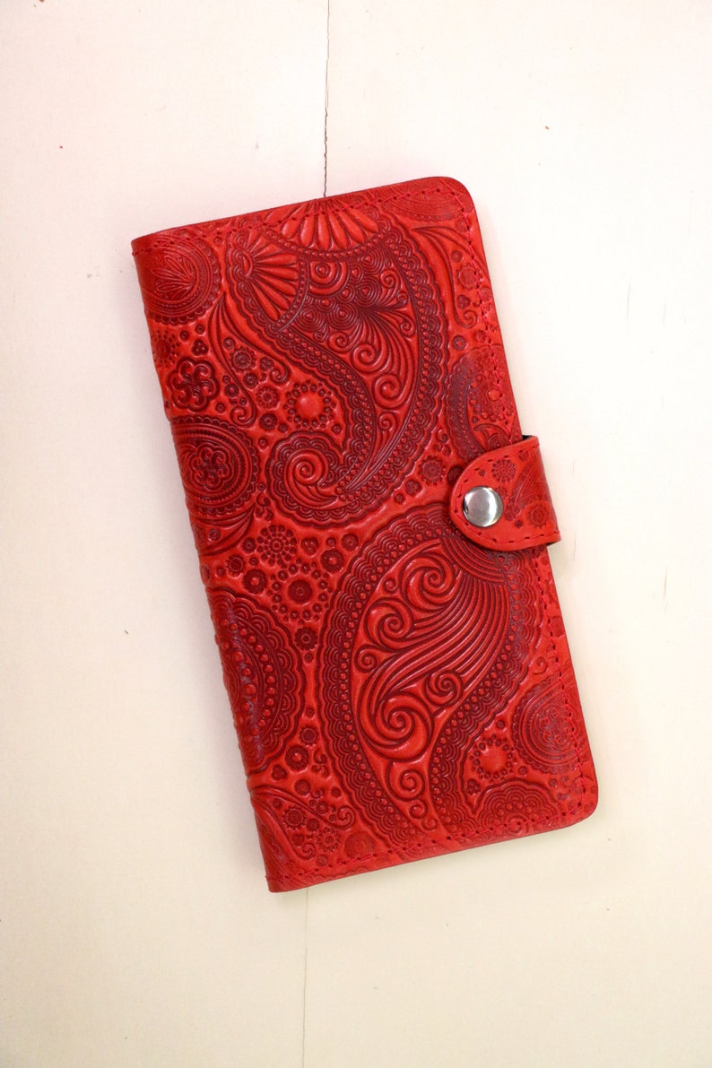 Personalized Unique Red Paisley Wallet Leather Bifold Long Handmade ...
