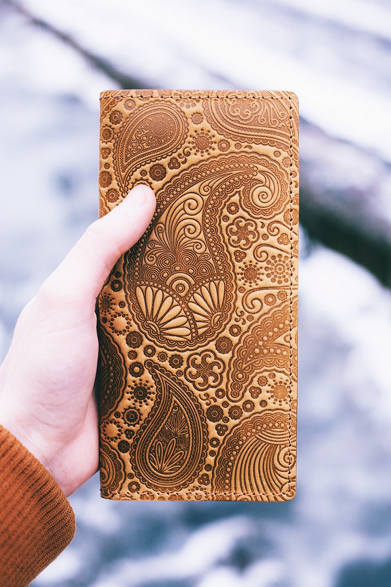 Personalized Unique Leather Wallet With Paisley Pattern Emboss Etsy