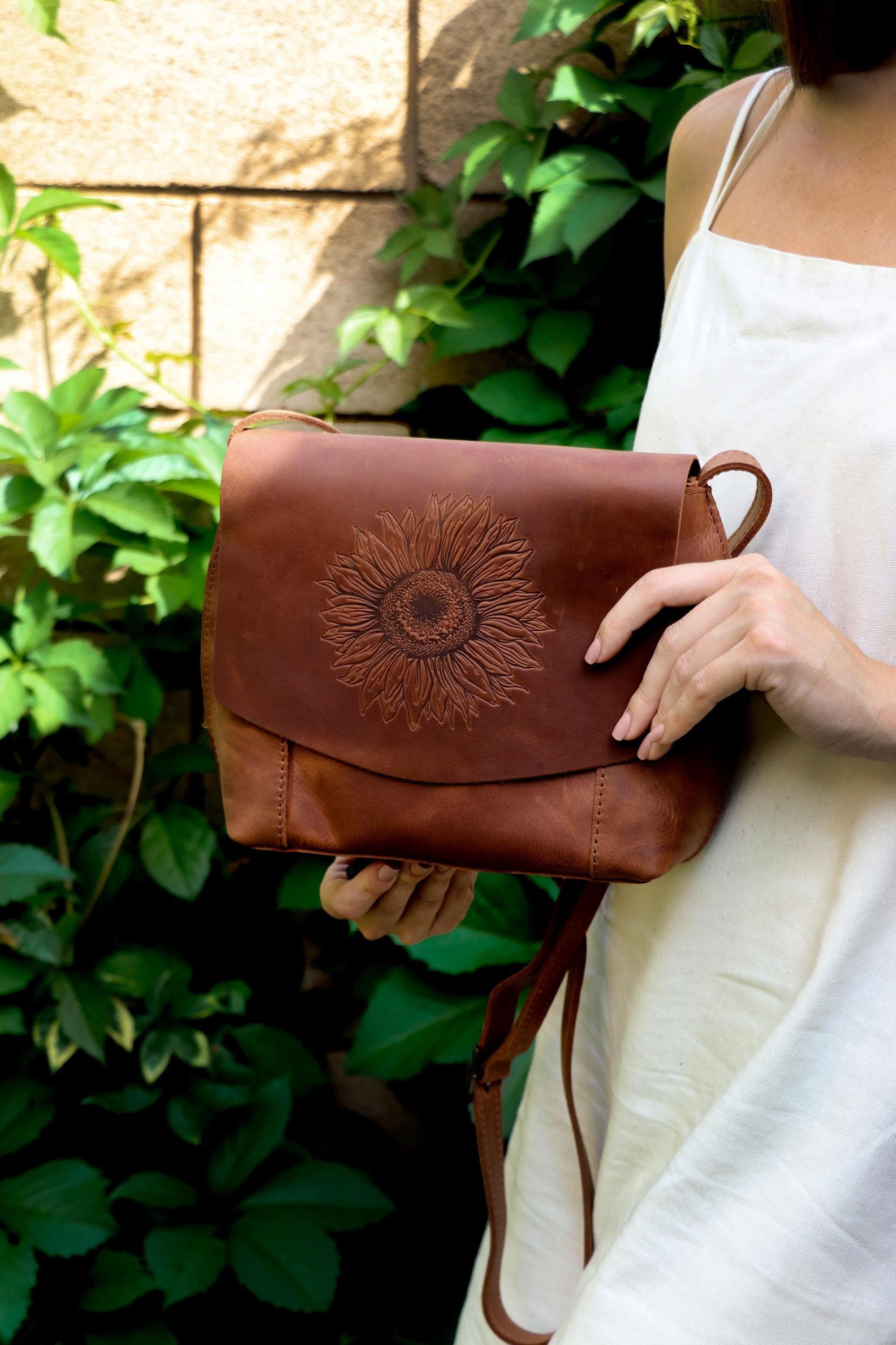 Sunflower Embossed Tan Leather Crossbody Bag Unique Personalized Leather Bag Sunflower Leather Bag, Handmade Tooled Crossbody, Floral  main image 3