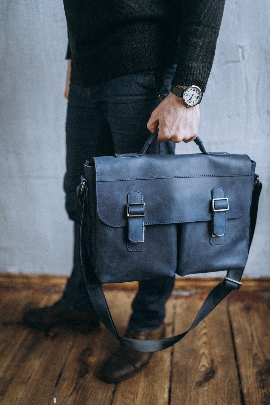Blue Leather Messenger Bag 15 inch Laptop Bag Men Briefcase Etsy