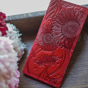 Rode leren portemonnee handgemaakte zonnebloem damesportemonnee reisportemonnee minimalistische leren portemonnee lange portemonnee vriendin cadeau creditcard portemonnee