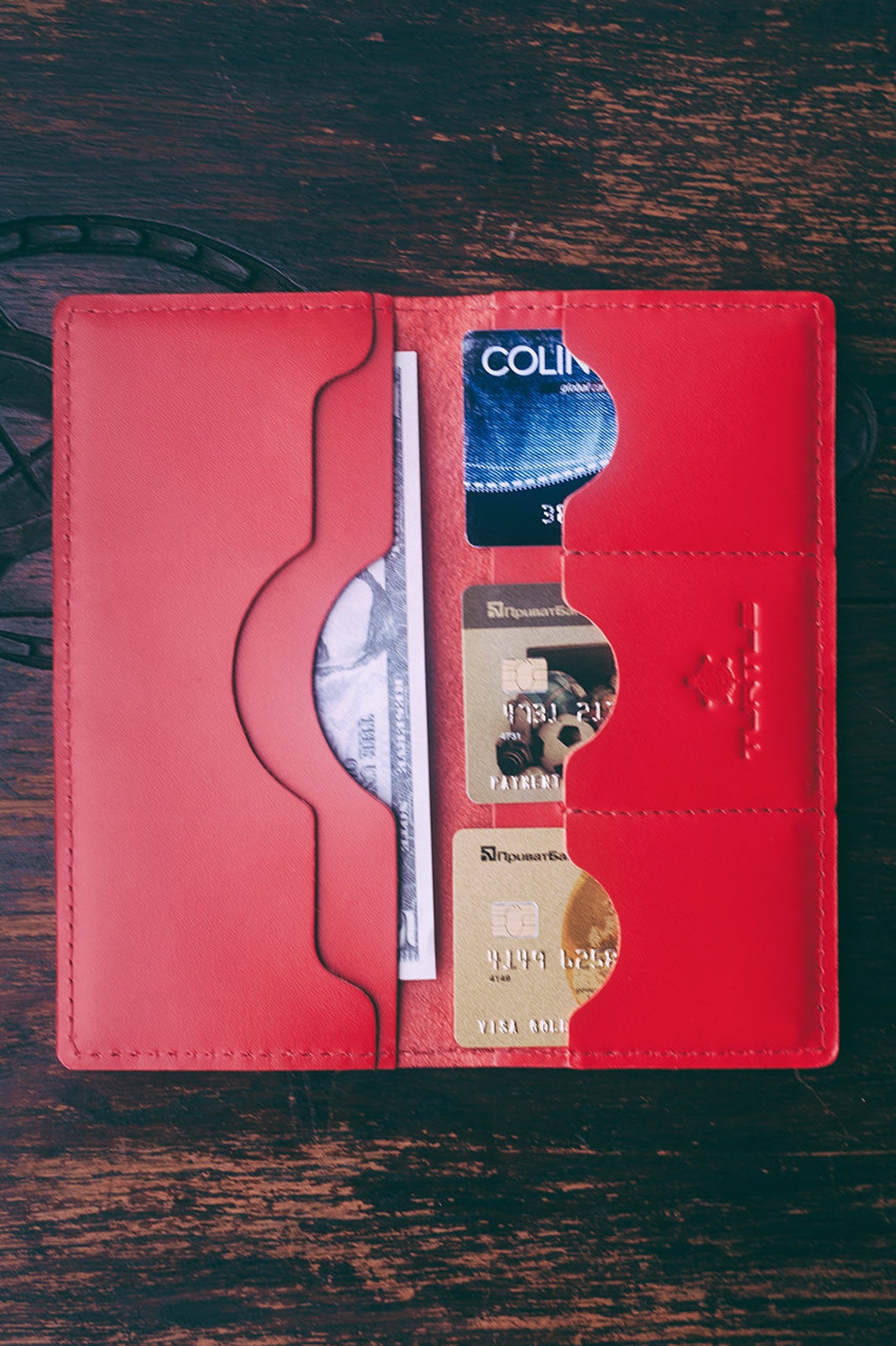 Personalized Red Antique Grain Leather Wallet. Vintage Red Hand-crafted ...