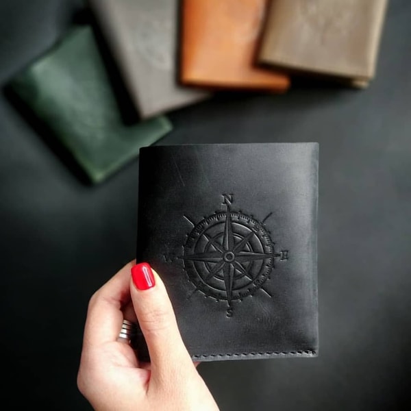 Personalized Leather Minimalist Wallet Vintage Credit Card Holder Case Bifold Compass Purse Mini Marine Windrose Embossed Pattern Man Woman