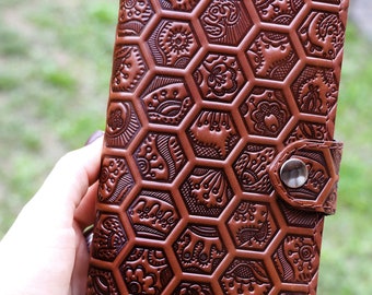 Personalized Exclusive Brown Leather Slim Wallet Women Mothers Day Third Anniversary Big Emboossed Pattern Honeycomb Long Floral Handmade
