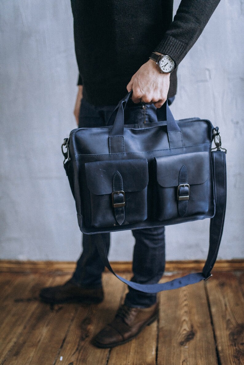 Blue Leather Messenger Bag 15 inch Laptop Bag Leather Shoulder Etsy