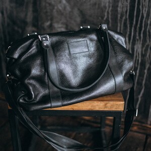 Black Leather Duffle Bag Leather Holdall Men Duffle Bag College Student Gift Weekender Bag Handmade