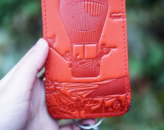 Leather Keyholder Third Anniversary Gift for Traveler Red Hot Air Balloon Embossed Keyholder