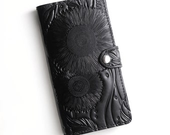 Personalized Unique Black Sunflower Wallet Moneyholder Slim Wallet Women Big Long Wallet Handmade Custom Embossed Pattern Floral Flower