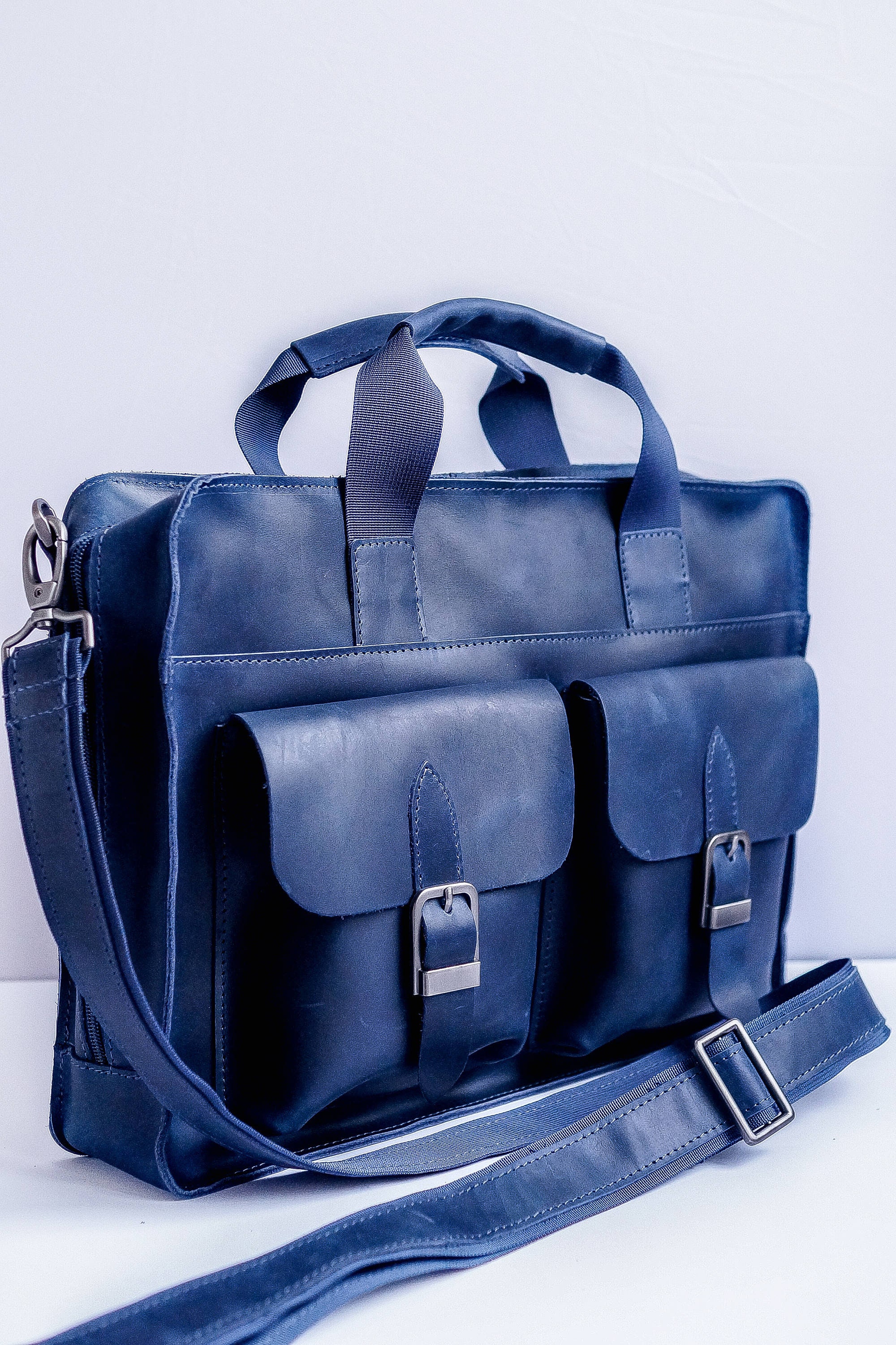 Blue Leather Messenger Bag 15 inch Laptop Bag Leather Shoulder Etsy