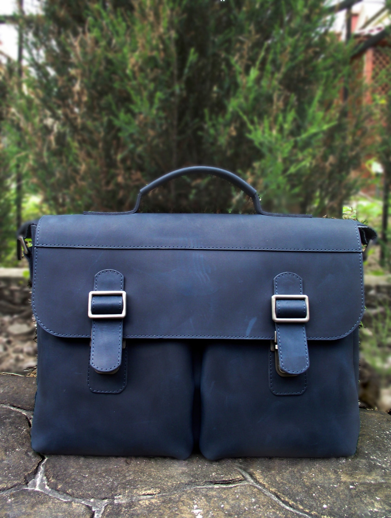 Blue Leather Messenger Bag 15 inch Laptop Bag Men Briefcase Etsy