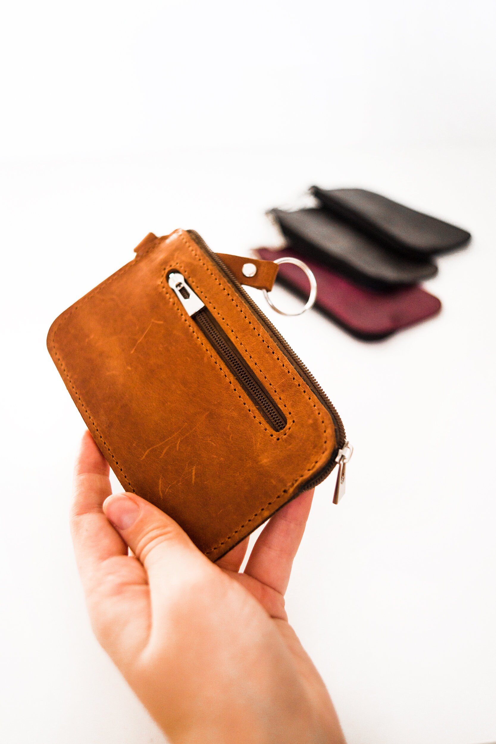 Personalized Leather Slim Vintage Minimalist Keychain Wallet Etsy