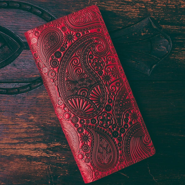 Personalized Unique Paisley Embossed Pattern Red Leather Wallet Long Billfold Cardholder Handmade Iphone Holder Gift Idea  Custom Exclusive