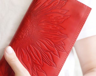 Personalized Red Wallet, Full Grain Leather Wallet, Cute Wallet, Wallet Women, Sunflower Wallet, Engraved Wallet, Monogram, Birthday Gift