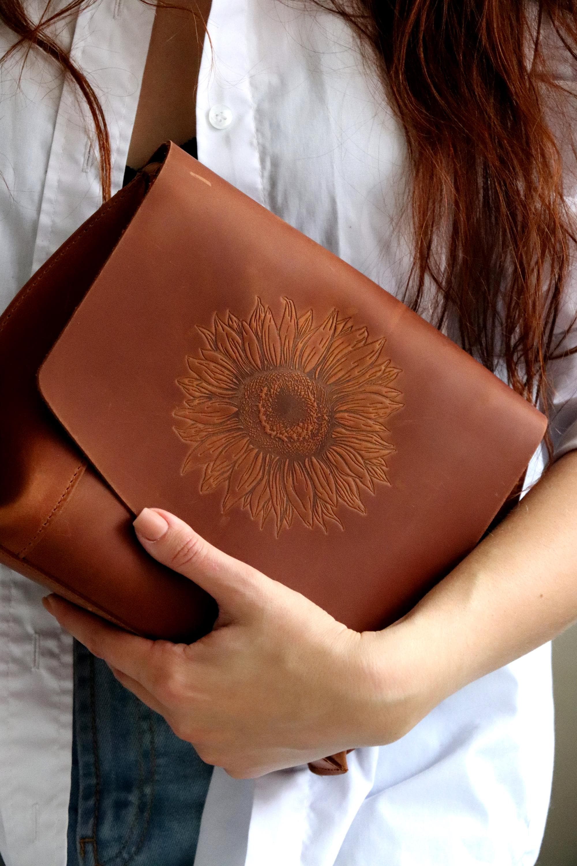 Sunflower Embossed Tan Leather Crossbody Bag Unique Personalized Leather Bag Sunflower Leather Bag, Handmade Tooled Crossbody, Floral  main image 4