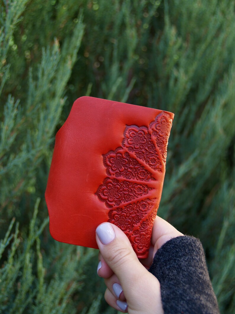 Leather Cardholder Slim Wallet Women Third Anniversary Gift for Traveler Embossed Pattern Handmade image 5