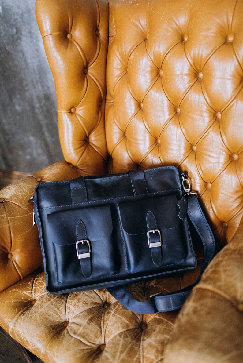 Blue Leather Messenger Bag 15 inch Laptop Bag Leather Shoulder Etsy