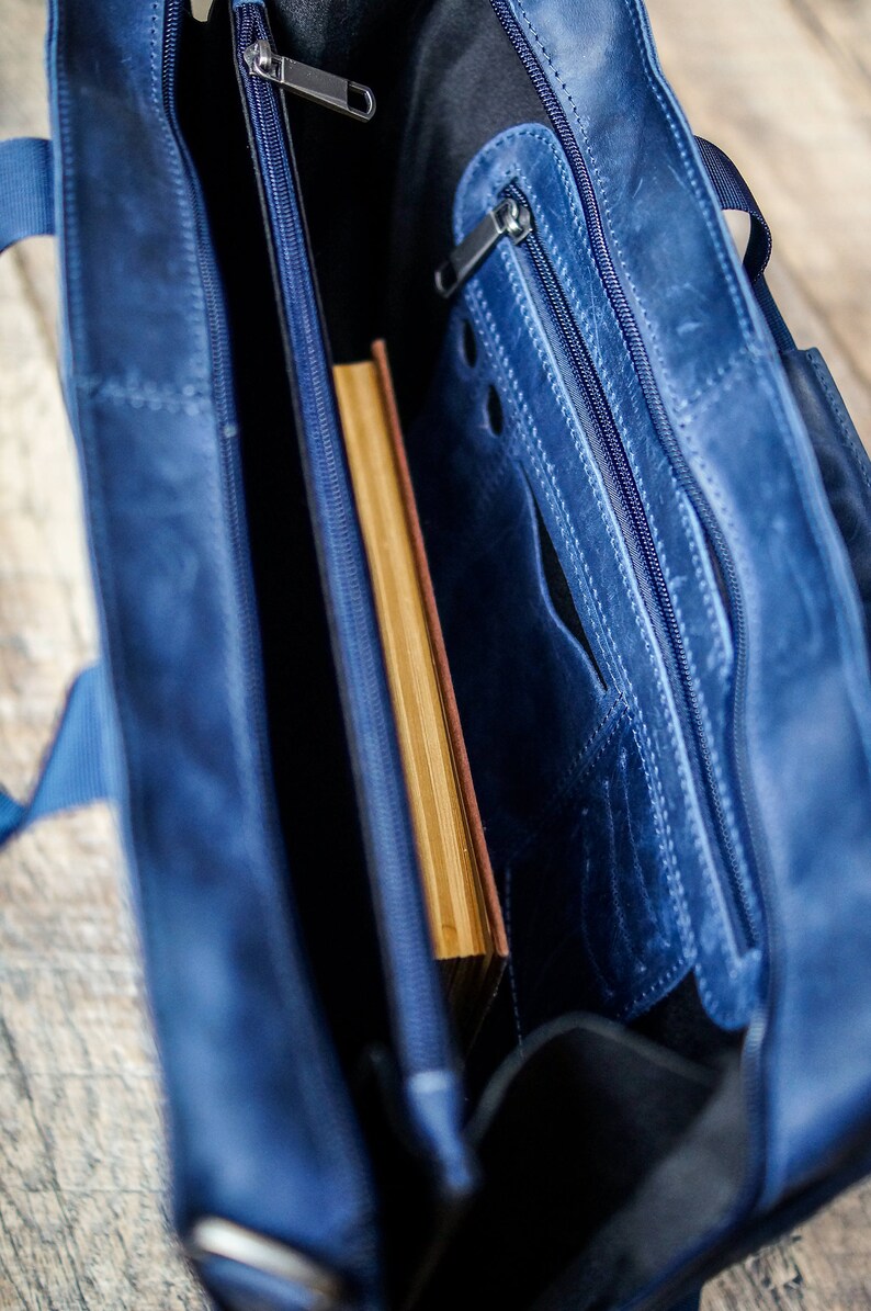 Blue Leather Messenger Bag 15 inch Laptop Bag Leather Shoulder Etsy