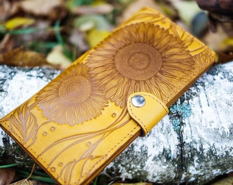 Personalized Leather Wallet Women, Embossed Sunflower Wallet, Cute Wallet, Floral Parrern, Flower Wallet, Full Grain Leather Wallet, Gift