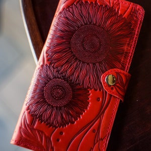 Carteira de couro de girassol vermelha exclusiva e personalizada, grande presente de estudante universitário, terceiro aniversário, padrão personalizado em relevo, decoração de flores florais