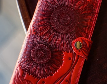 Personalized Unique Red Sunflower Leather Wallet Big College Student Gift Third Anniversary Custom Embossed Pattern Floral Flower Decor