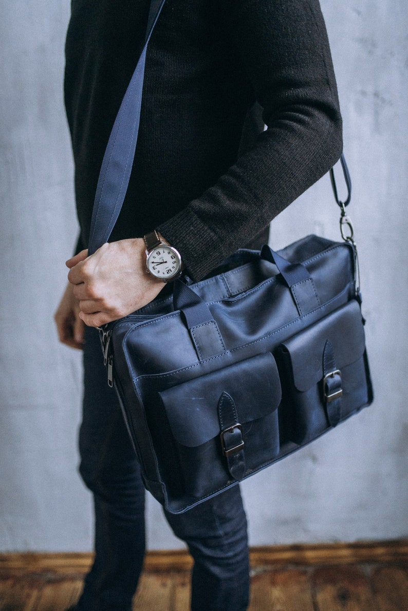 Blue Leather Messenger Bag 15 inch Laptop Bag Leather Shoulder Etsy