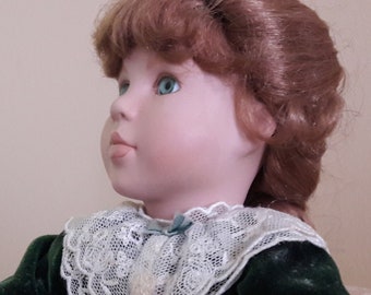 Emerald: porcelain doll, Georgetown collections, vintage, with her fireside chair