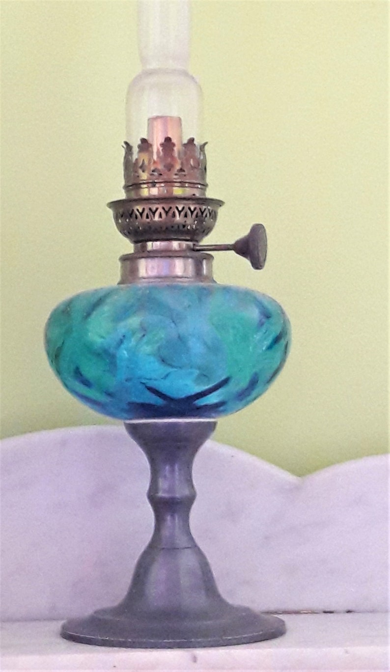 Old kerosene lamp with tin stand image 2