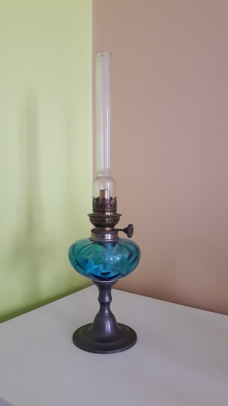 Old kerosene lamp with tin stand image 10