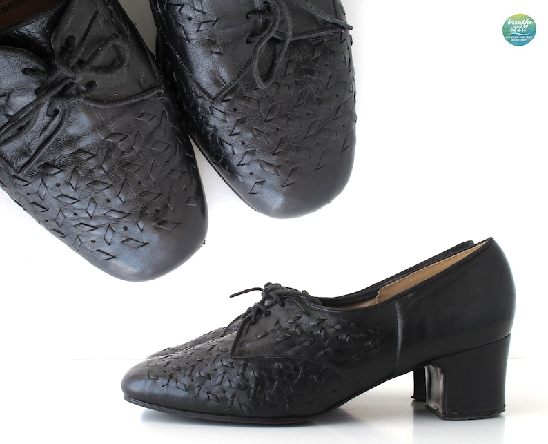 Breathe Grandma Shoes Woven Leather Shoes Cozy Heels 70s Black Etsy