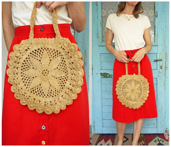 breathe Tan Crochet Handbag Retro Handmade Macrame