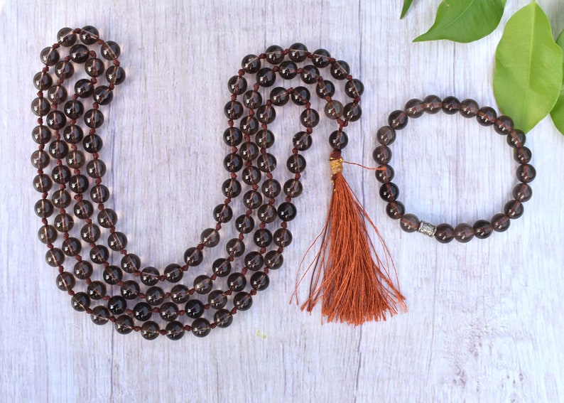 Smokey Quartz Knotted Mala /& One Bead Bracelet Length Beads 108; Bead size 8 mm Crystal Reiki Healing Natural Stone 42 inch String