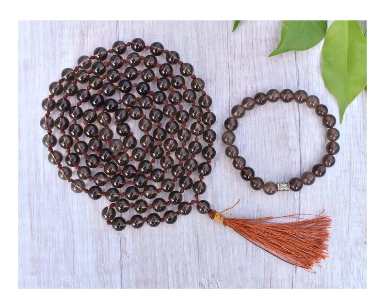 Smokey Quartz Knotted Mala /& One Bead Bracelet Length Beads 108; Bead size 8 mm Crystal Reiki Healing Natural Stone 42 inch String